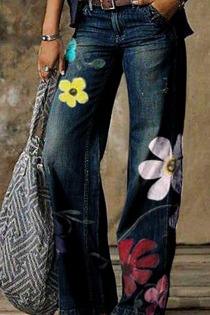 Print Patchwork Mid Waist Boot Cut Denim Jeans(5 Colors)
