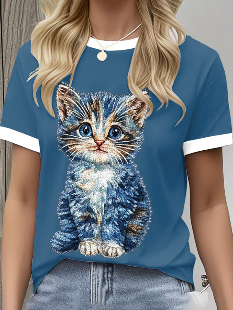 Women's Retro Funny Denim Patch Animal Cat Print Crew Neck T-shirt artswardrobe