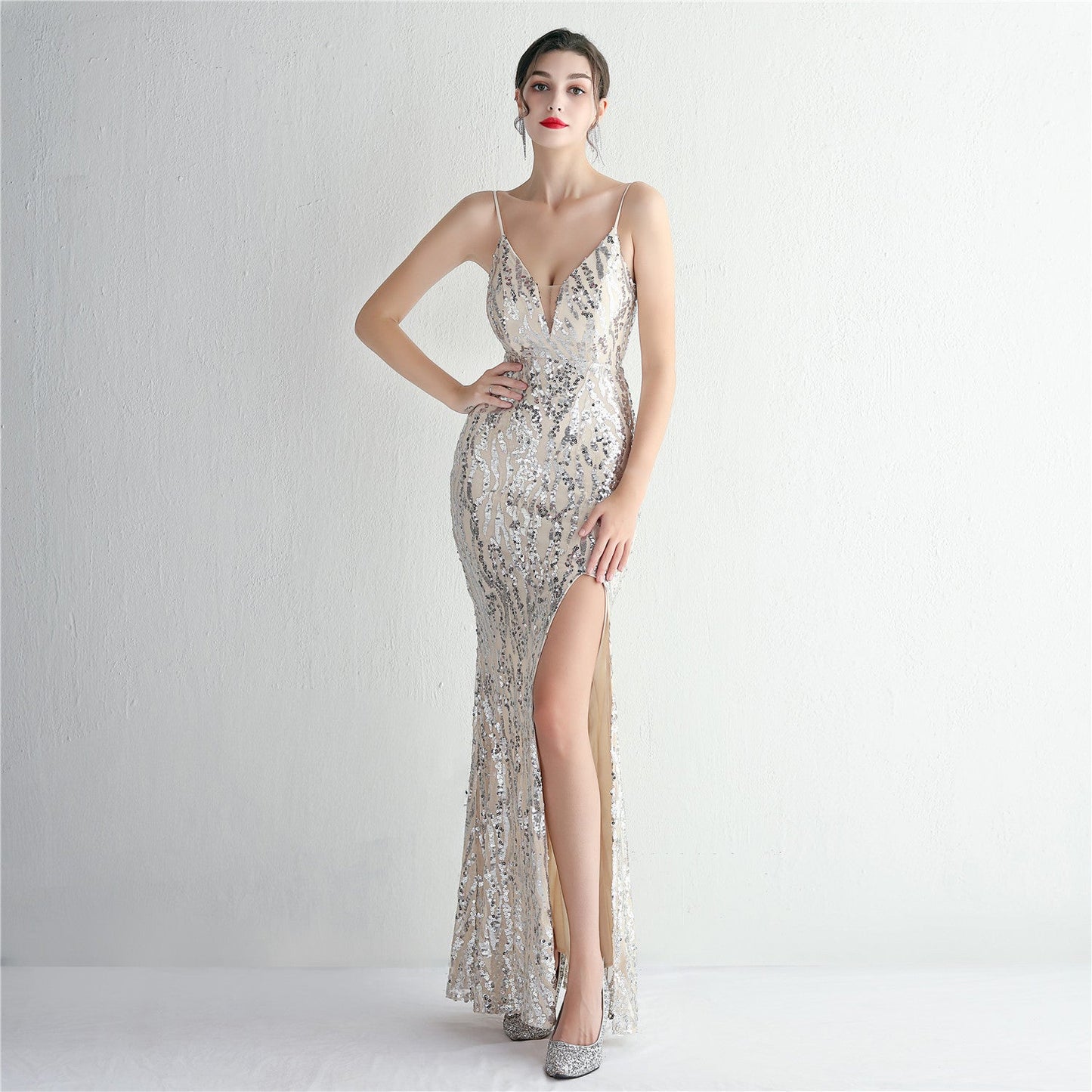 Sequined Long Camisole Gown Cocktail Slim Fit Evening Dress Fishtail