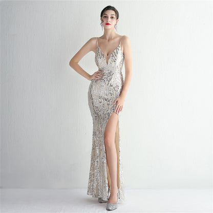 Sequined Long Camisole Gown Cocktail Slim Fit Evening Dress Fishtail
