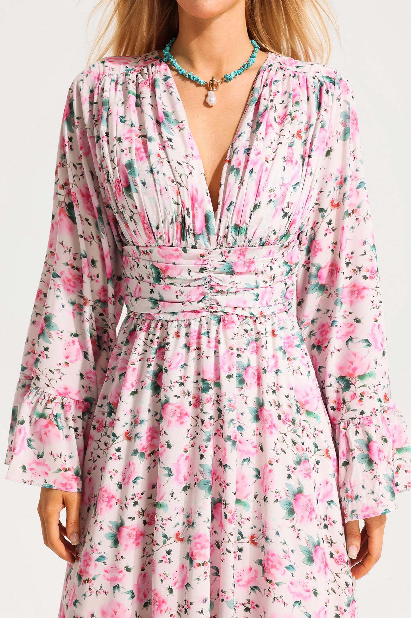 V-neck Ball Sleeve Midi Dress