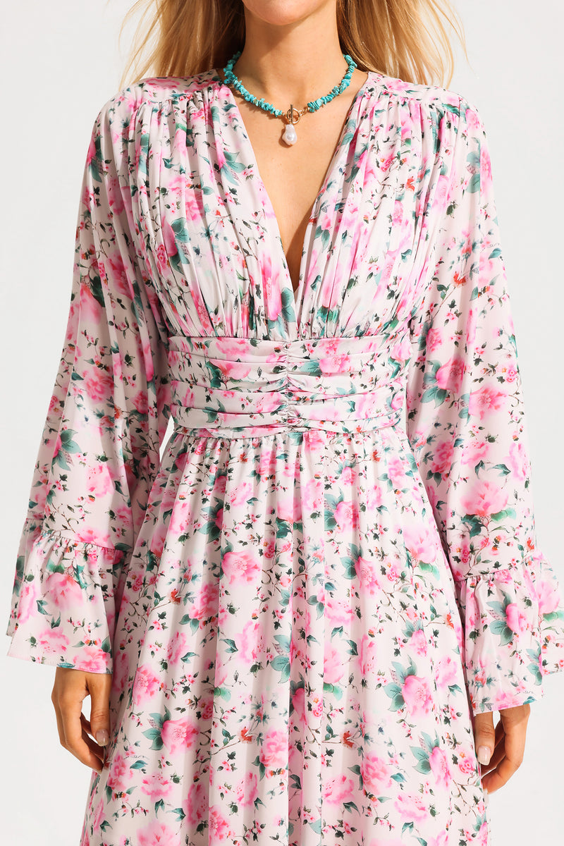 V-neck Ball Sleeve Midi Dress