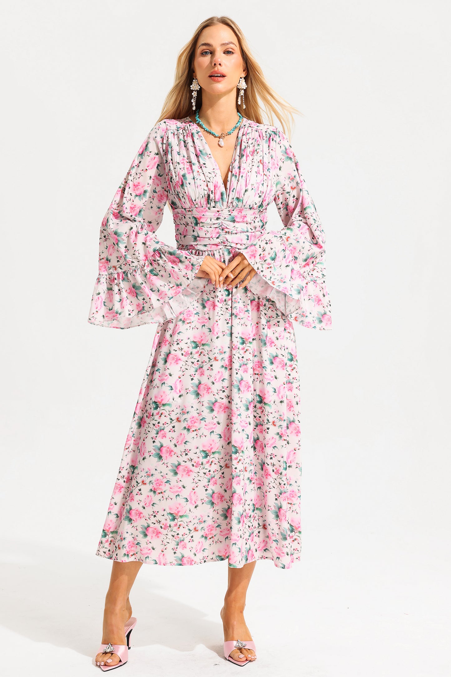V-neck Ball Sleeve Midi Dress