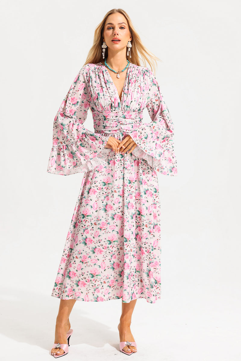 V-neck Ball Sleeve Midi Dress