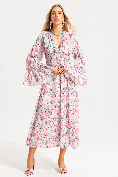 V-neck Ball Sleeve Midi Dress