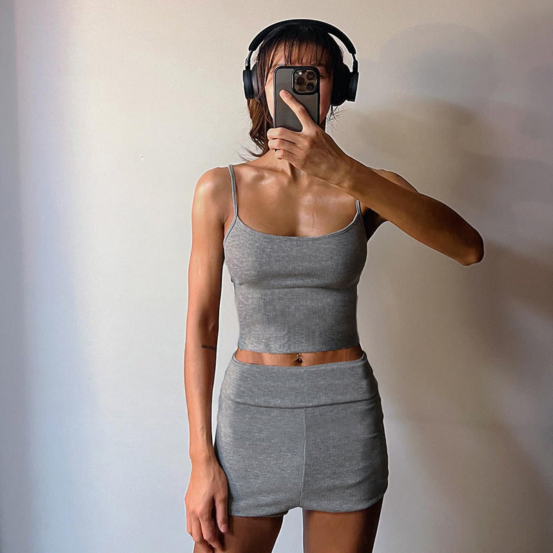 Basic Sports Thread Knitting Color Camisole Shorts Homewear Two Piece Set