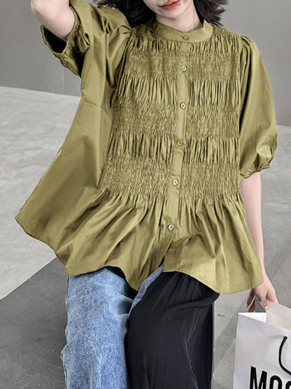 Loose Puff Sleeves Pleated Color Round-neck Blouses&shirts Tops
