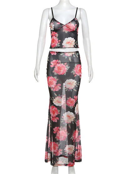 Tossy Printed 2 Piece-set Backless Spaghetti Vest and High Waist Maxi Skirt Long Skirt Sets