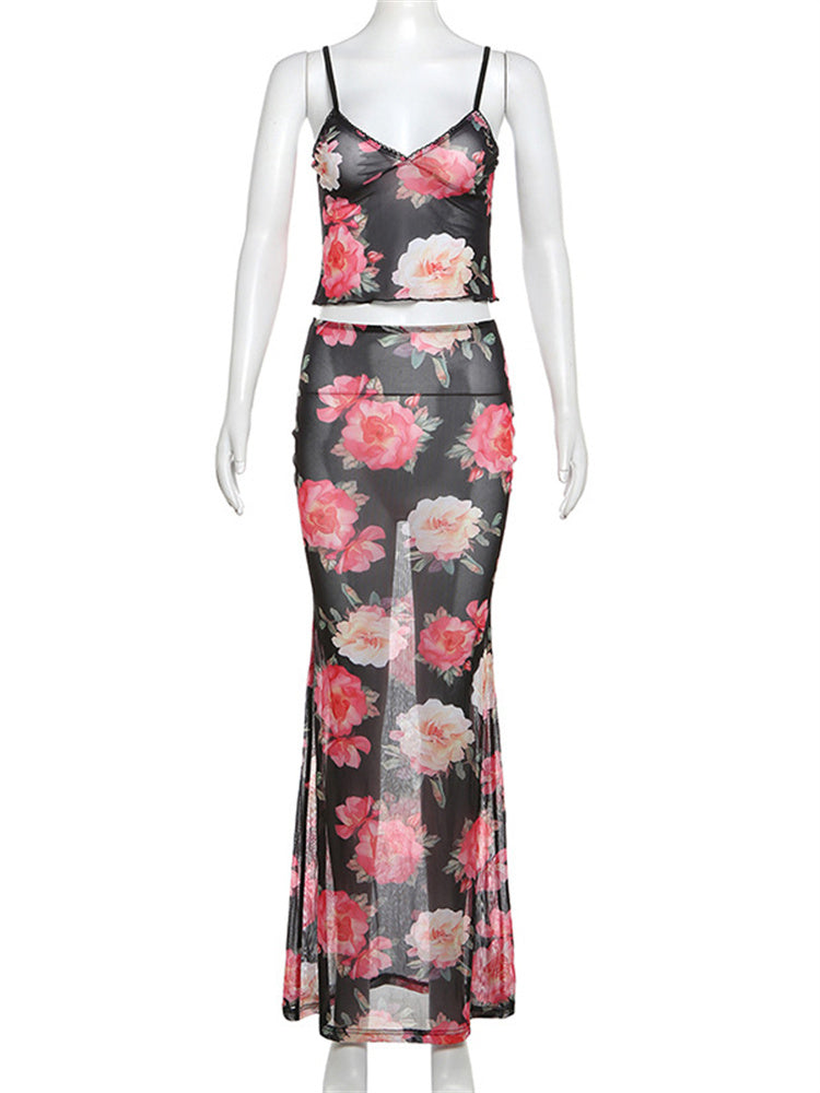 Tossy Printed 2 Piece-set Backless Spaghetti Vest and High Waist Maxi Skirt Long Skirt Sets