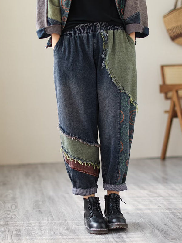 Contrast Color Fringed Split-joint Long Sleeves Printed Outwear + Harem Pants Two Pieces Set