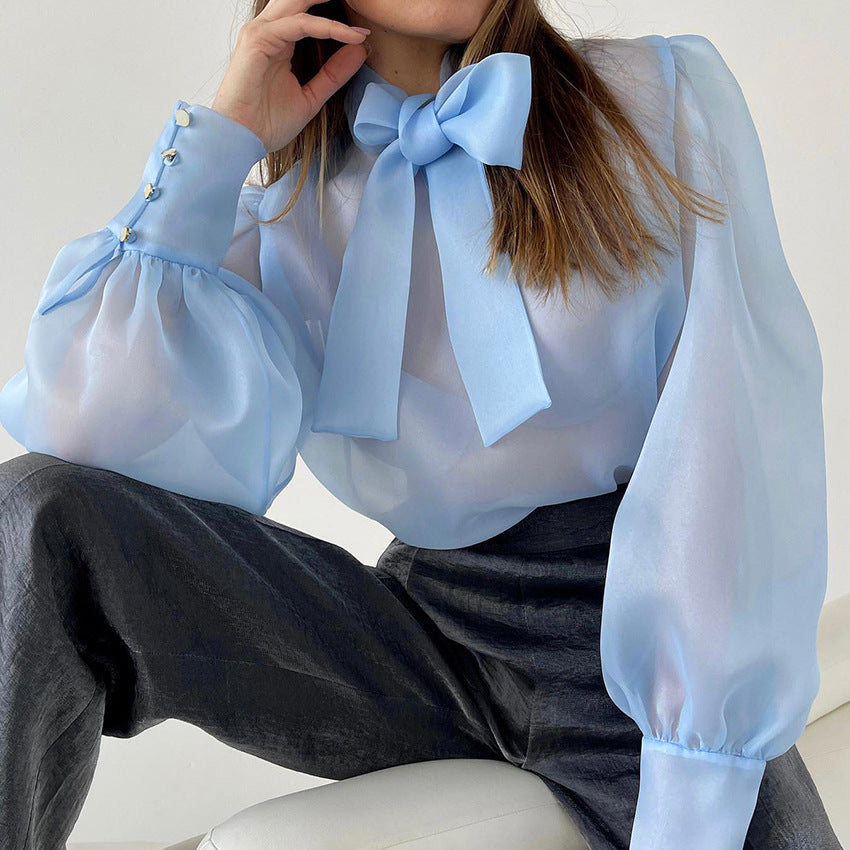 Spring Sheer Mesh Long-sleeved Top Bandage Dress High Grade Puff Sleeve Pullover Bottoming Shirt for