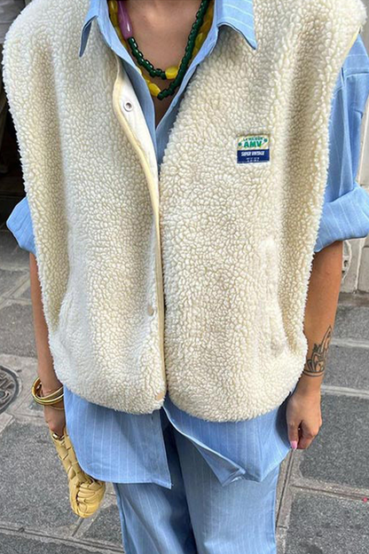 Street Pocket Buttons Fluffy O Neck Waistcoats(3 Colors)
