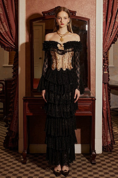 Lace Ruffle Hight Waist Maxi Skirt