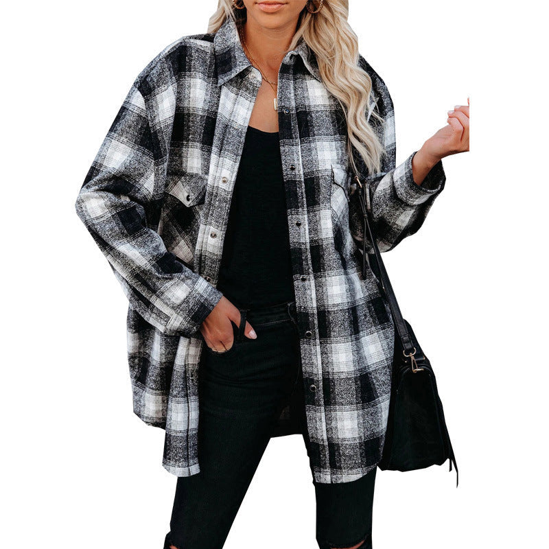 Clothing Autumn Winter Plaid Shirt Mid-length Loose Lapels Cardigan Shirt