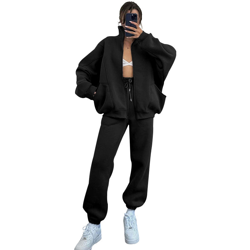 Autumn Winter Color Stand Collar Cardigan Long Sleeve Sweaters Clothing Trousers Suit
