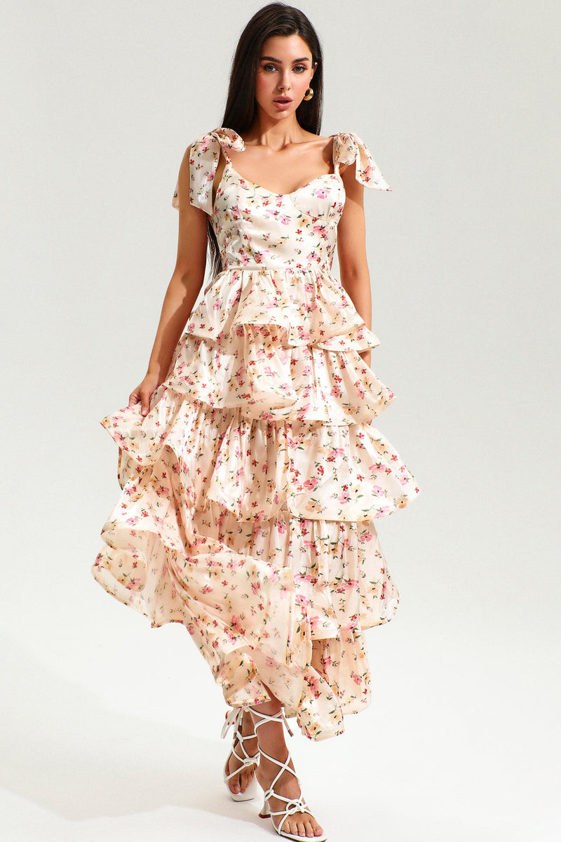 Lace Up Tiered Ruffle Hem Cami Maxi Dress