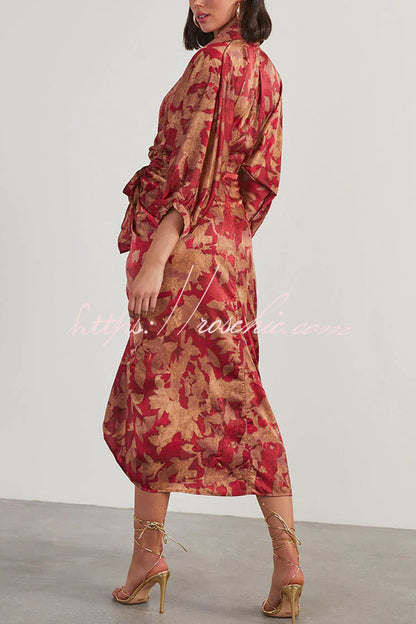 And Charming Satin Adjustable Waist Tie Button Draped Shirt Midi Dress