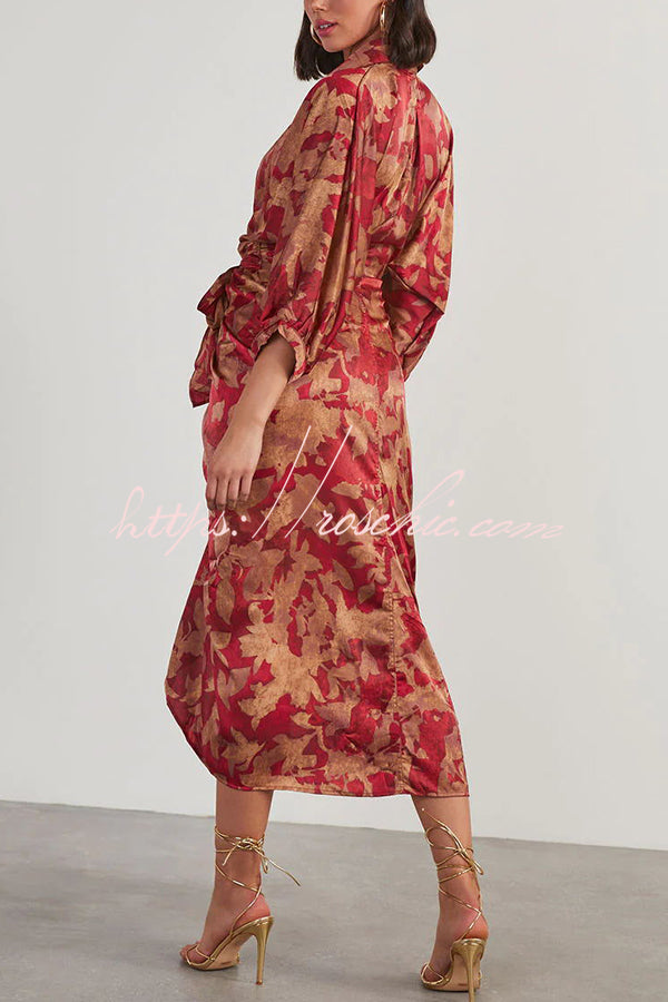 And Charming Satin Adjustable Waist Tie Button Draped Shirt Midi Dress