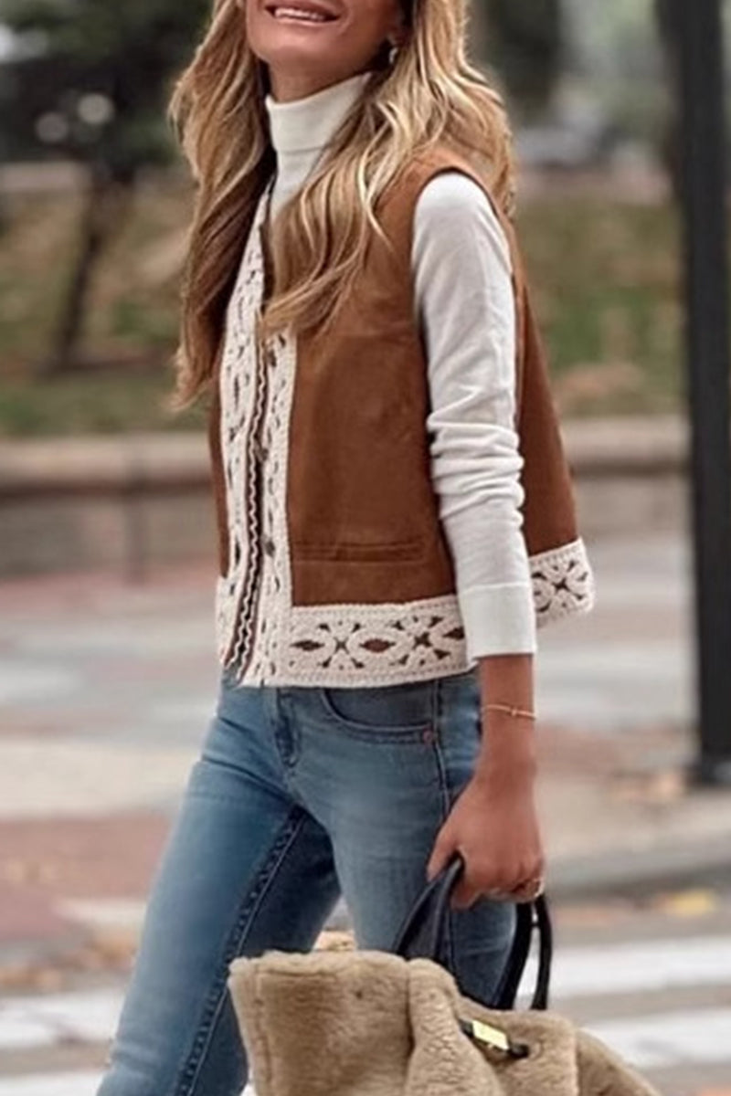 Color Lace Patchwork O Neck Waistcoats