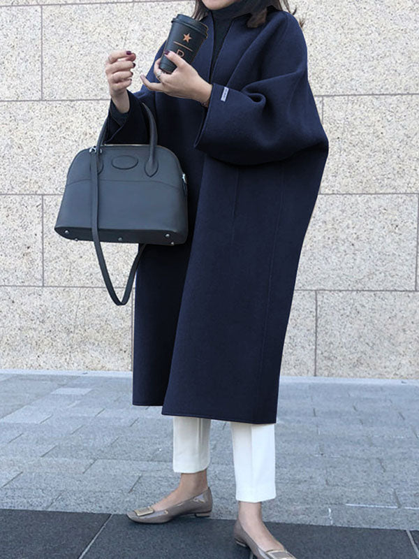 Long Sleeves Loose Color Collarless Woolen Coat