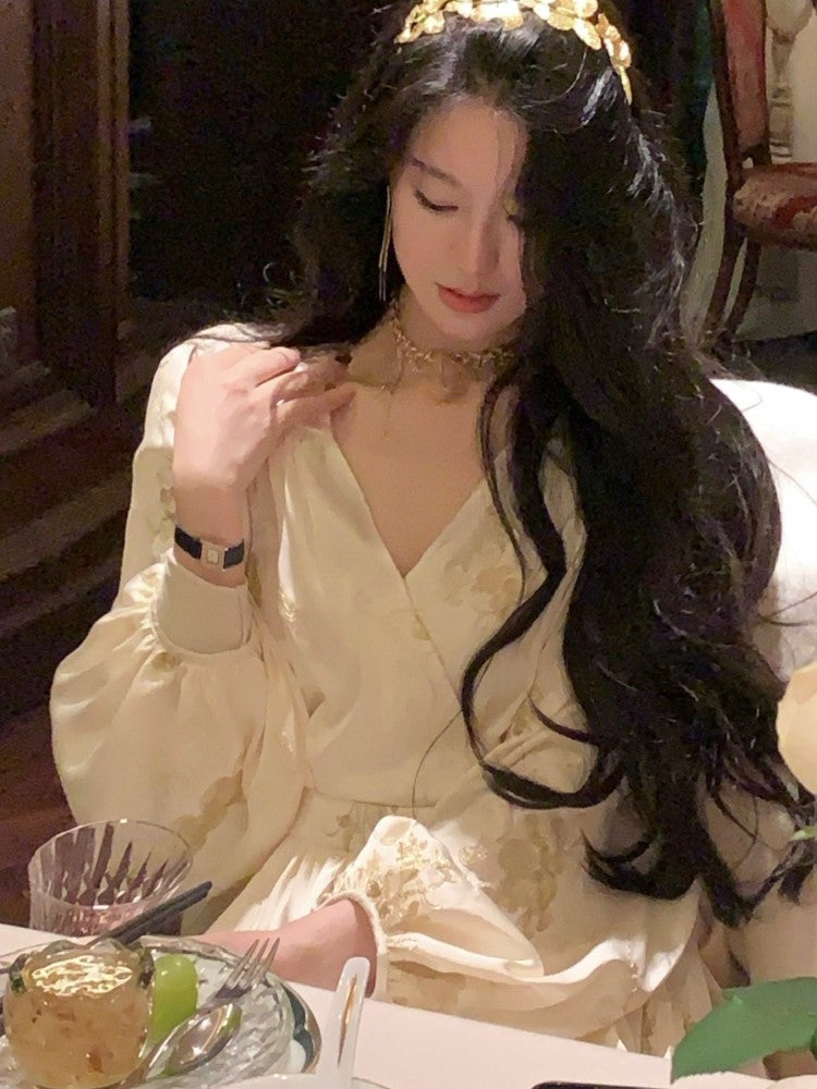 Printed Midi Dress Lantern Sleeve V-neck Autumn French Female Evening Party Prom Robe Vestidos Mujer New