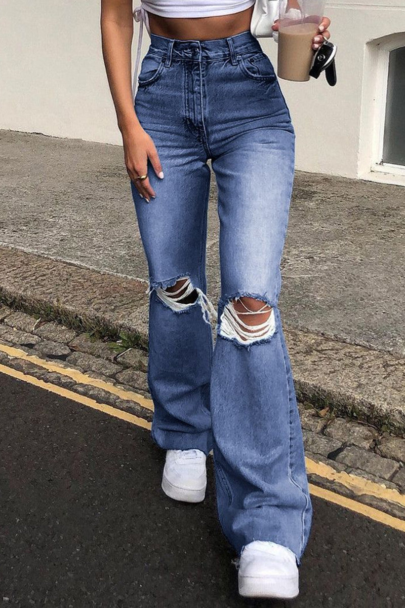 Ripped High Waist Straight Jeans(3 Colors)