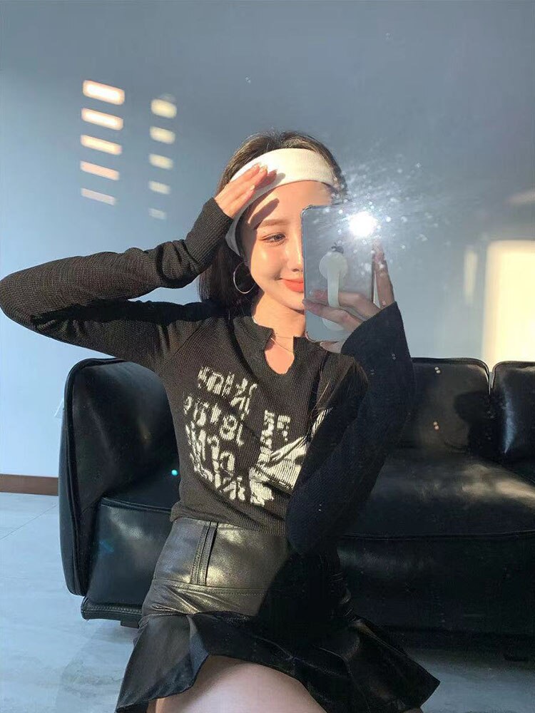Long Sleeve Crop Top Grunge Clothes Letter T-shirt Aesthetic Clothes Korean Style Slim Autumn Y2k Top