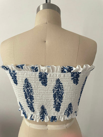 Bandeau Top Two Piece Bow Tank Top Printed Wide Leg Pants Coord Set
