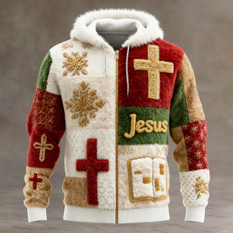 Comstylish Men's Christmas Faith Jacquard Plush Warm Zip-up Hoodie