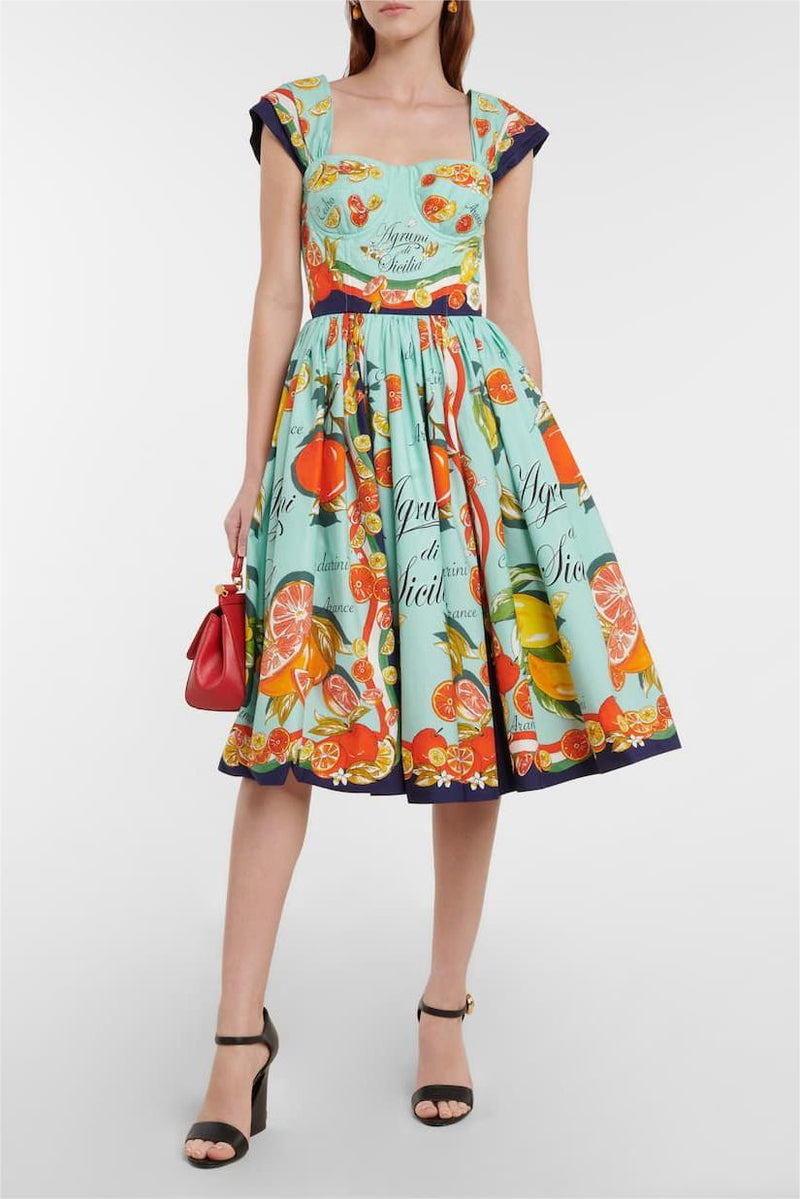 Printed Sleeveless Heart Collar Midi Dress
