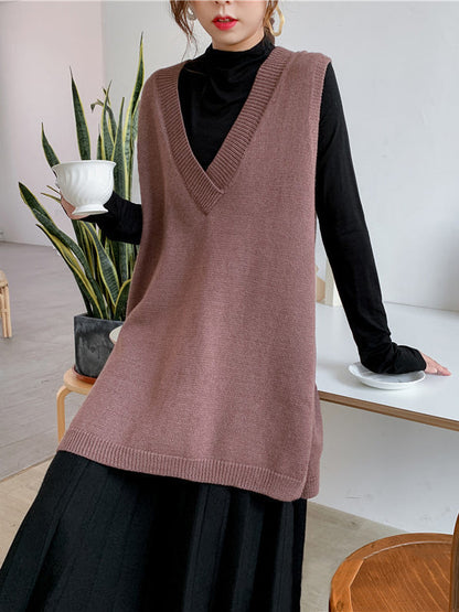 Sleeveless Split-side Color V-neck Knitted Vest