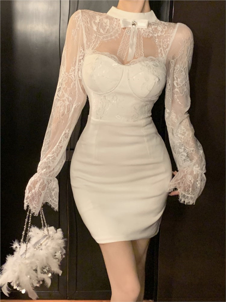 Mini Dress Lace Patchwork Flare Sleeve Hollow Out Autumn Spring Y2k Bodycon Wrap Hip Evening Party Vestidos Mujer New