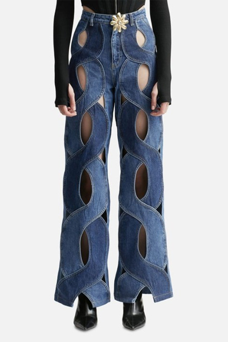 Street Hollowed Out High Waist Straight Denim Jeans