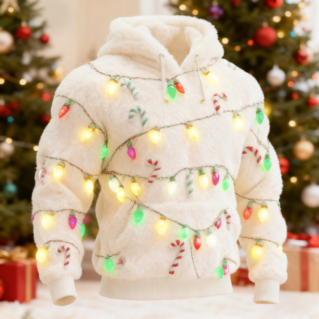Comstylish Men's Ugly Christmas Lights Pattern Flannel Hoodie