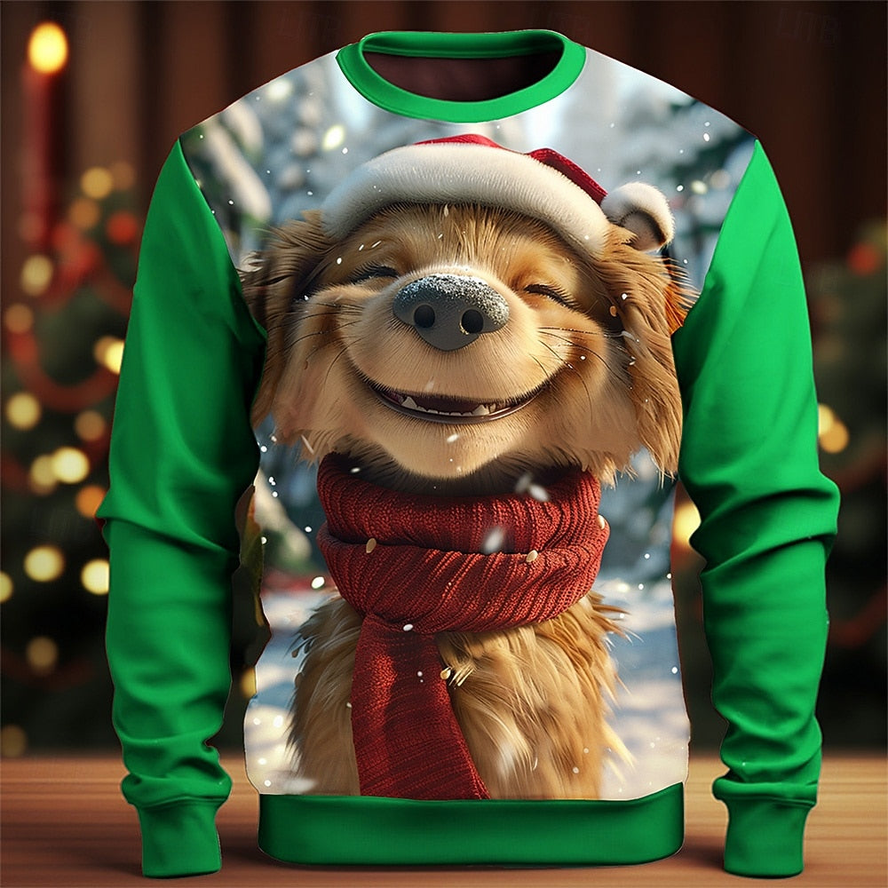 Comstylish Men's Christmas Dog Print Crew Neck Sweatshirt