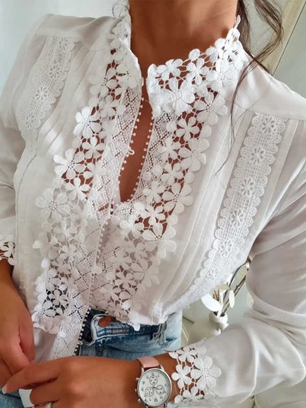 Long Sleeves Loose Buttoned Embroidered Color Split-joint Stand Collar Blouses&shirts Tops