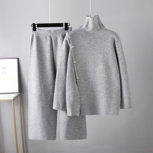 Stand Collar Slit Knitted Turtleneck Sweater Winter Warm Anti-aging Wide Leg Pants Set