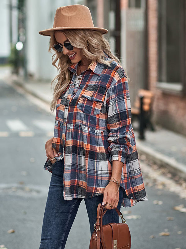 Loose Checkered Lapel Blouses&shirts Tops