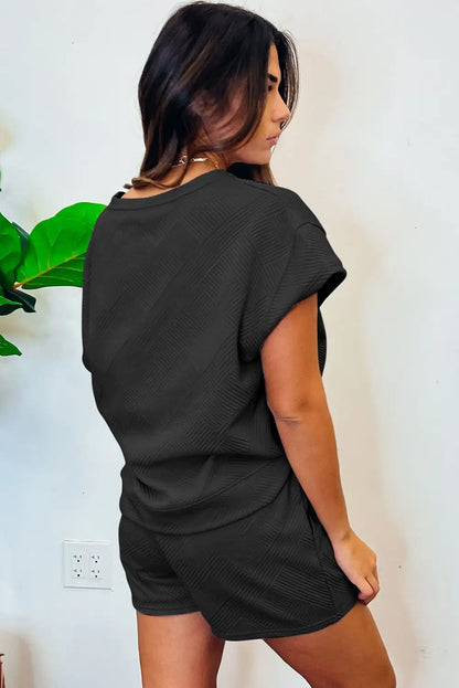 Black Textured Drawstring Shorts Set