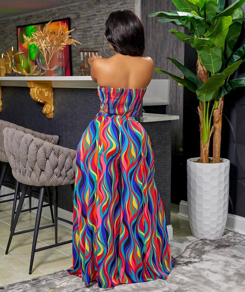 ’s Colorful Printing Lace Up Tube Top Wide Leg Pants Suit – Spring Summer