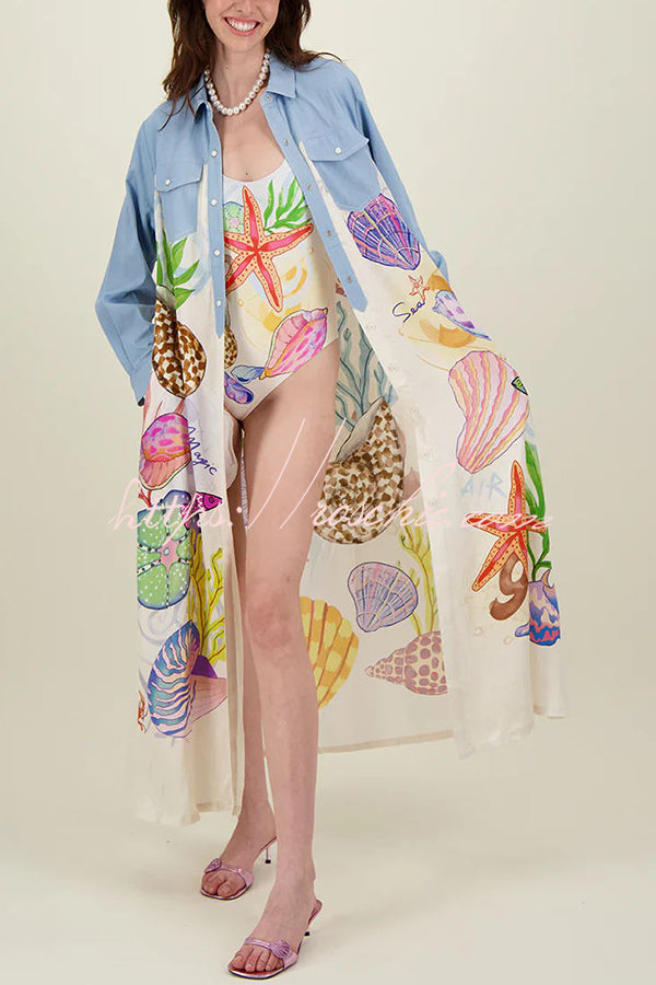Take a Trip Marine Elements Unique Print Patchwork Pocketed Long Shirt Coat