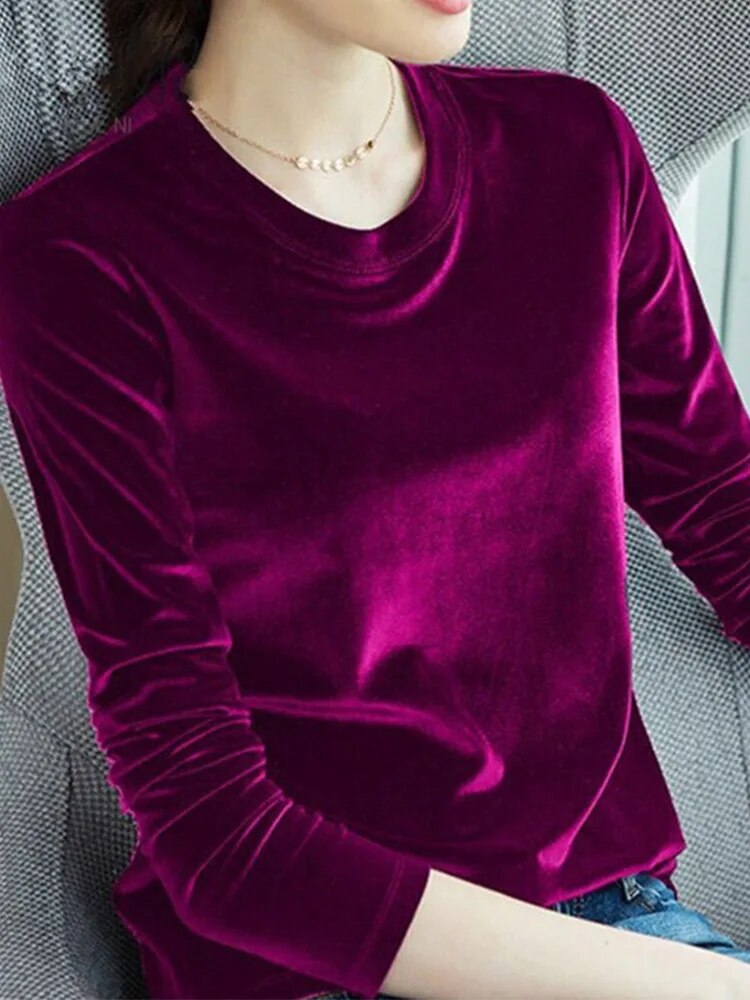 Spring Long Sleeve Loose Early Autumn T-shirt Gold Velvet Short Paragraph Bottoming Shirt New Top