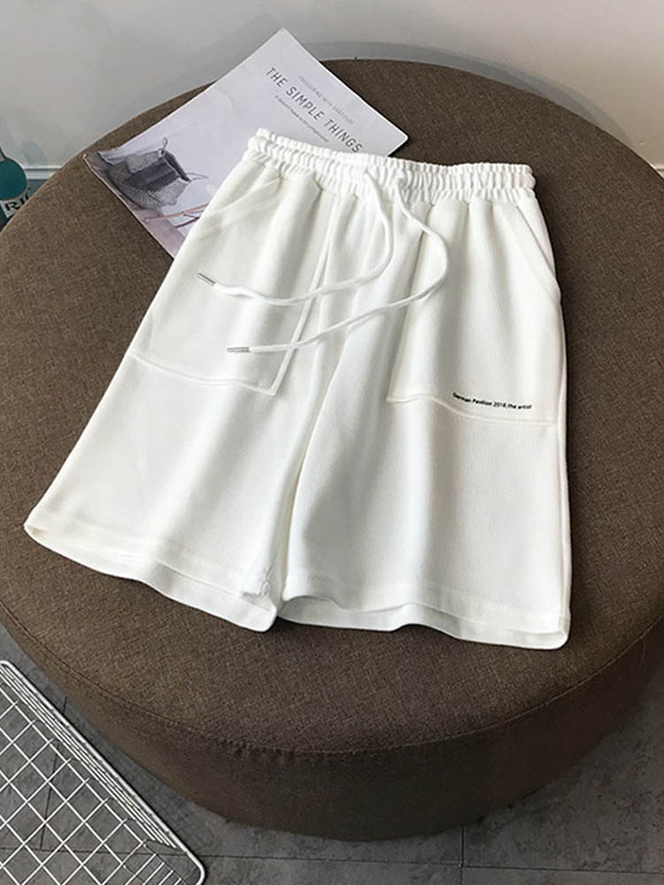 Summer High Waist Wide Leg Short Pants Black Knee Length Pants Drawstring Korean Pure Cotton Loose Holiday Trousers