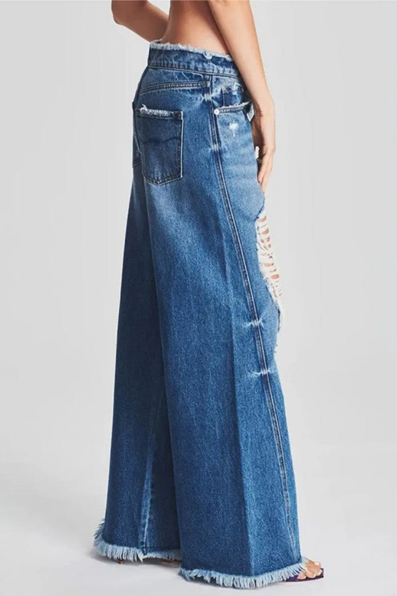 Ripped Patchwork Mid Waist Regular Denim Jeans (subject to the Actual Object)