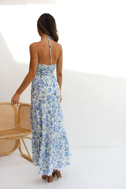 V-neck Backless Maxi Dress Blue