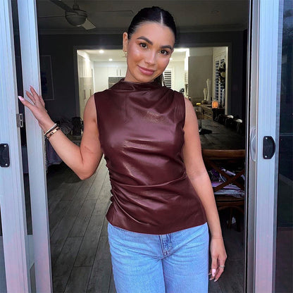 Y2k Pu Simple Basic Tank Top High Waist Skinny Shrunk Slash Cut Sleeveless Tops Versatile Noble Shirts