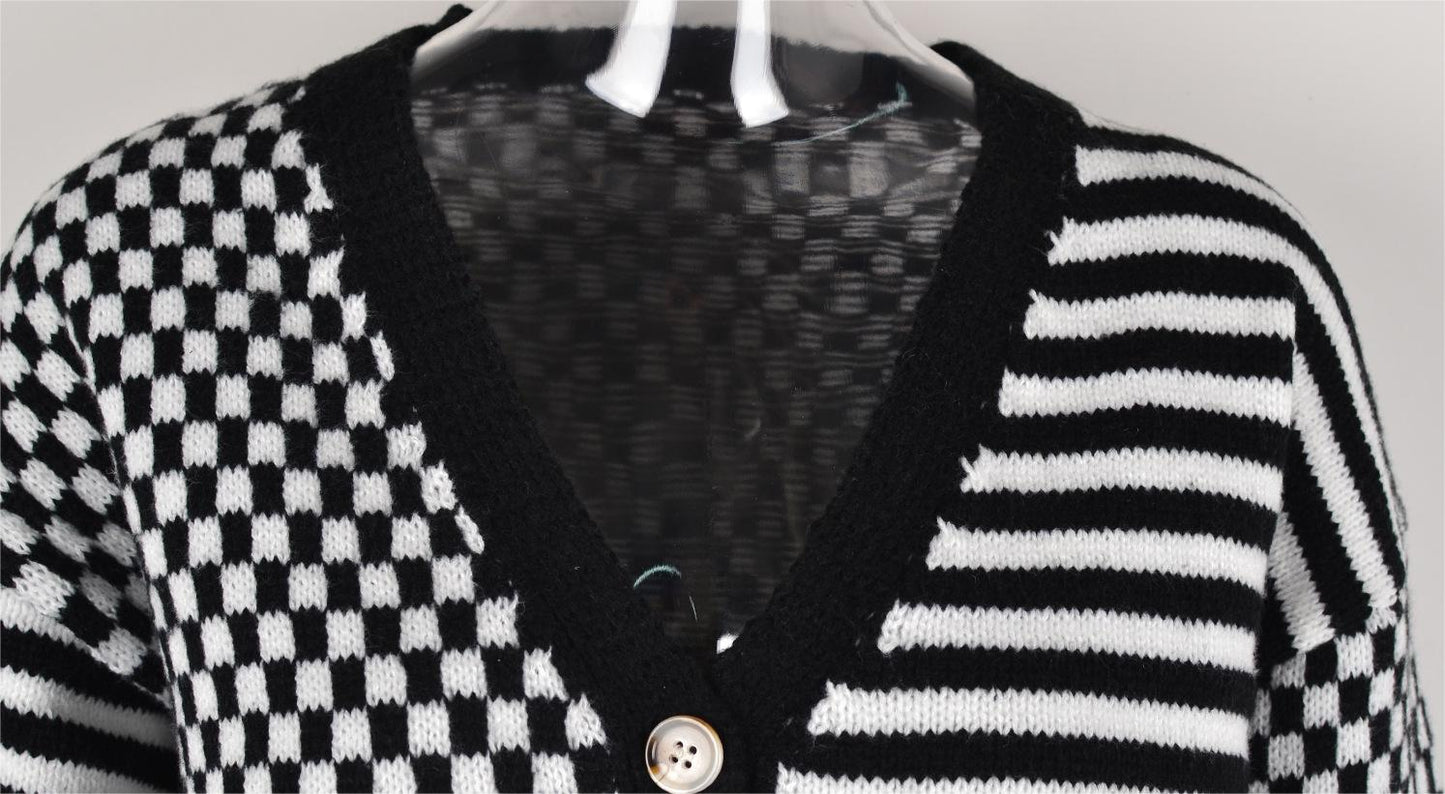 Autumn Winter Knitted Plaid Stitching Striped Cardigan Coat Sweater