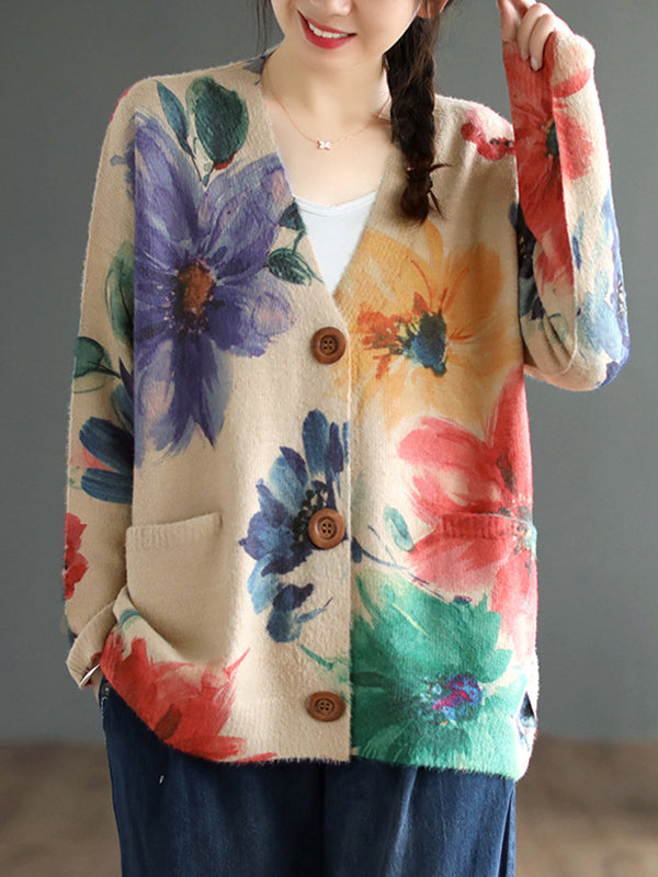 Long Sleeves Loose Buttoned Printed Contrast Color V-neck Cardigan Tops