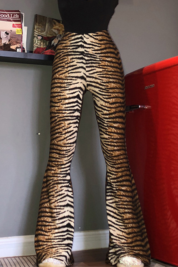 Street Animal Print Leopard Patchwork Basic Boot Cut High Waist Full Print Bottoms