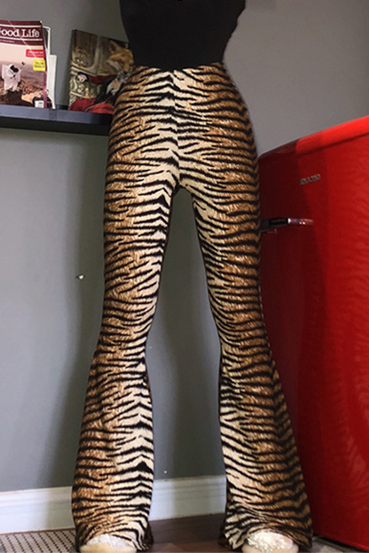 Street Animal Print Leopard Patchwork Basic Boot Cut High Waist Full Print Bottoms